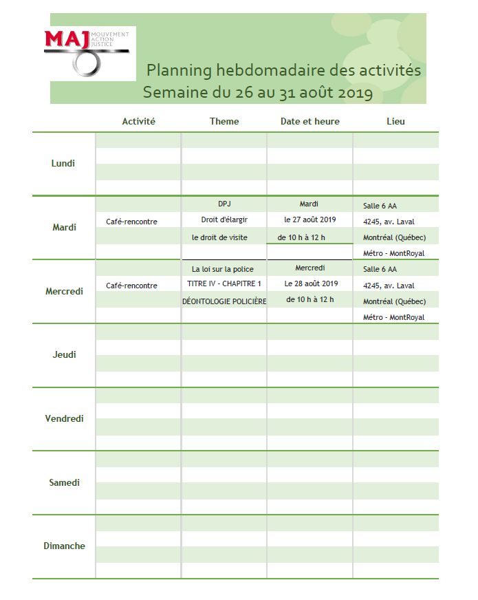 Planning Hebdomadaire d'Activités